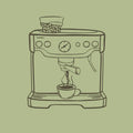 Illustration of a coffee espresso machine with a cup of coffee on a green background