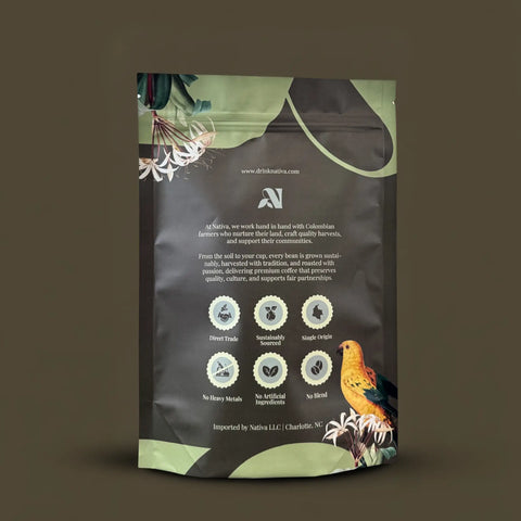 Bourbon Reserve Coffee package with branding and sustainability information on a dark background