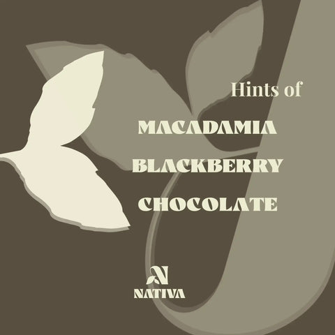 Bourbon Reserve product label with macadamia, blackberry, and chocolate text on a brown background with a leaf design.