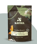 Nativa Bourbon Reserve coffee bag with a parrot illustration on a blue background