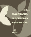 Bourbon Reserve product label with macadamia, blackberry, and chocolate text on a brown background with a leaf design.