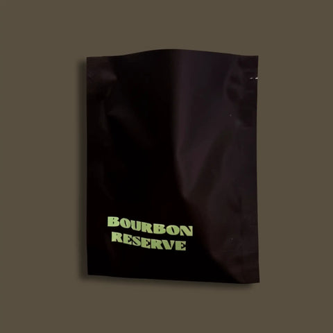 Sample dark packaging with 'Bourbon Reserve' text on a brown background