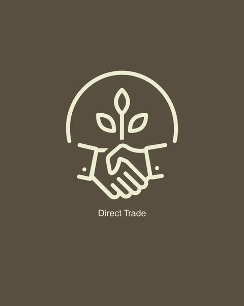 Logo of Direct Trade with a handshake and leaves on a brown background