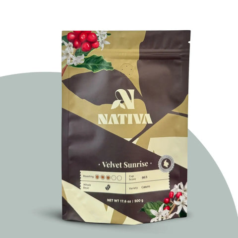 Nativa coffee package with floral and berry design on a gray background