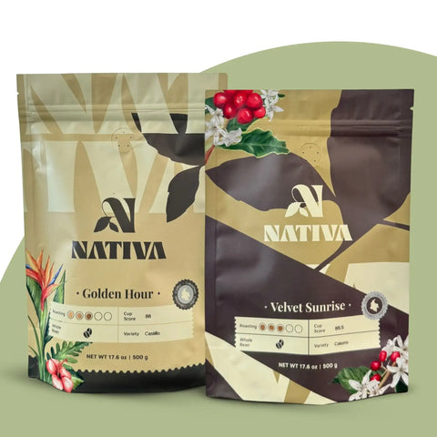 Two coffee packages from Nativa on a green background "Golden Hour Coffee" and "Velvet Sunrise Coffee"
