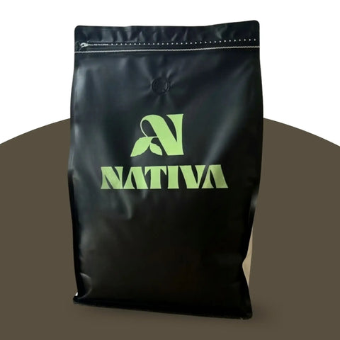 Black Big bag Restock Less Coffee with green 'Nativa' logo on a brown background