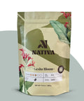 Nativa Gesha Bloom coffee package with floral and leaf design on a blue background
