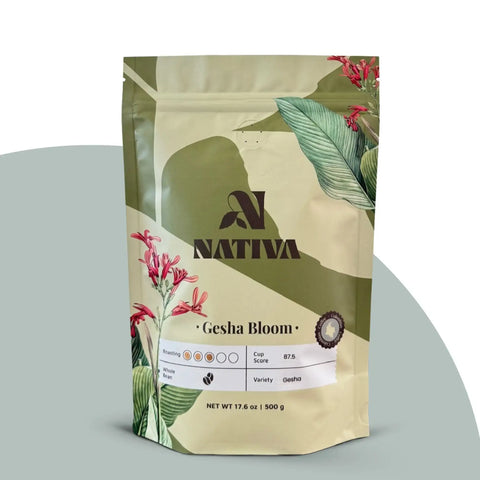 Nativa Gesha Bloom coffee package with floral and leaf design on a blue background