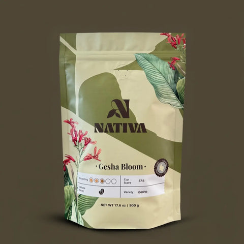 Nativa Gesha Bloom coffee package on a dark background