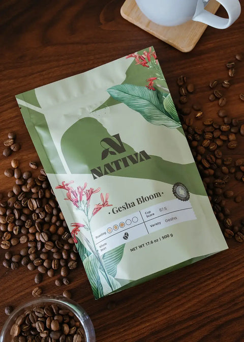 Nativa coffee package with coffee beans on a wooden surface