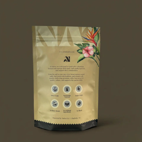 Golden Hour Coffee bag with floral design and brand logo on a brown background