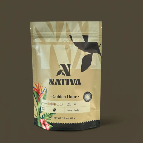Nativa Golden Hour coffee bag with leaf and flower design on a brown background