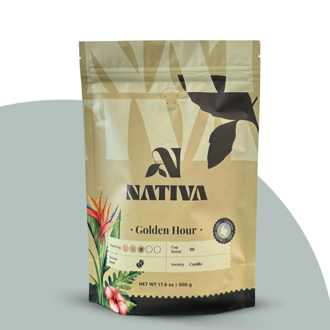 Nativa Golden Hour coffee package on a blue background