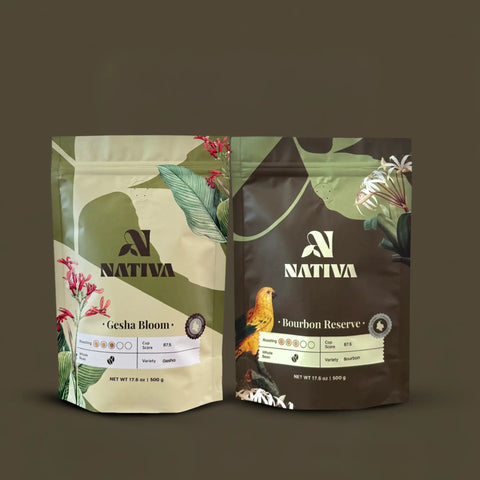 Bundle Two coffee packages from Nativa Gesha Bloom and Bourbon Reserve on a dark background