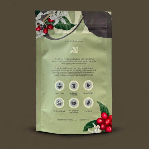 Green mellow morning coffee bag with branding and certification logos on a brown background