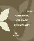Mellow Morning Product packaging with leaves and text 'Hints of Caramel Orange Chocolate' by Nativa on a brown background.