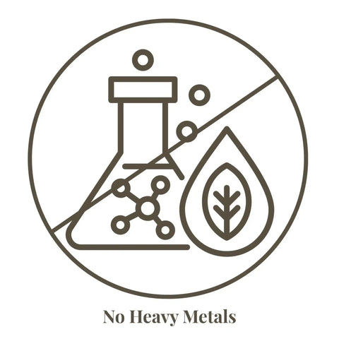 A minimalist circular icon featuring a crossed-out beaker and leaf symbolizing no heavy metals.
