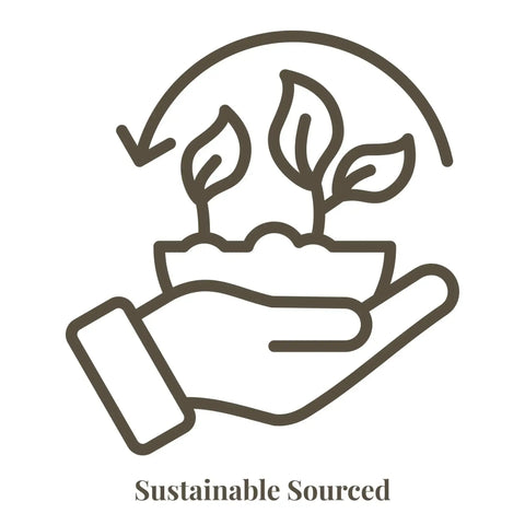 A minimalist line-art icon depicting a hand cradling young plants under an arc, symbolizing sustainable sourcing.