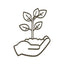 A minimalist line drawing of a young plant with five leaves growing from soil, cradled gently in an open hand.