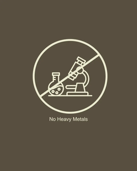 Icon of a microscope and beaker with a line through it on a brown background, indicating 'No Heavy Metals'.
