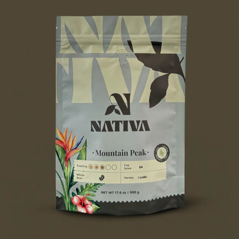 Nativa Mountain Peak coffee bag with mountain peak design on a brown background