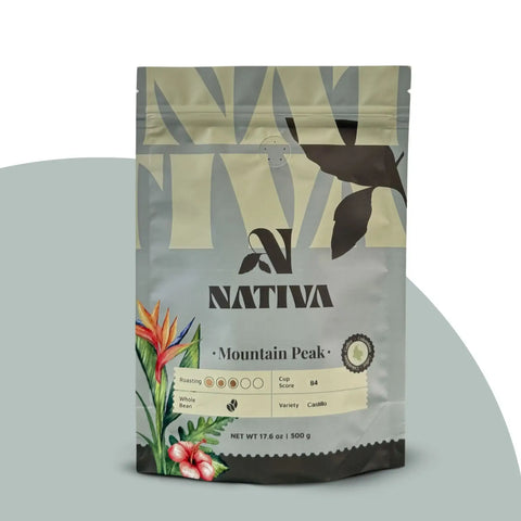 Nativa Mountain Peak coffee package on a light blue background
