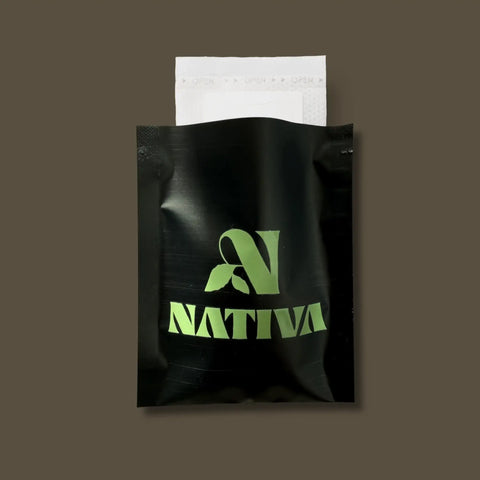 Drip coffee Black packaging with green 'Nativa' logo on a brown background