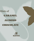 Mountain Peak Product packaging with 'Nativa' brand and text 'Hints of Caramel Almond Chocolate' on a light gray background.