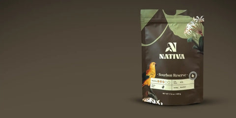 Nativa bourbon reserve coffee package with a bird illustration on a brown background