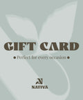 Gift card design with coffee leaves and 'Nativa' branding on a light gray background