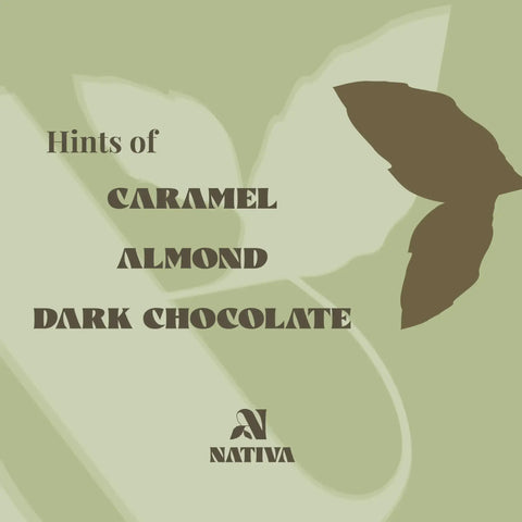Nativa Revel Roast coffee flavor description. Hints of 'Caramel, Almond and Dark Chocolate'
