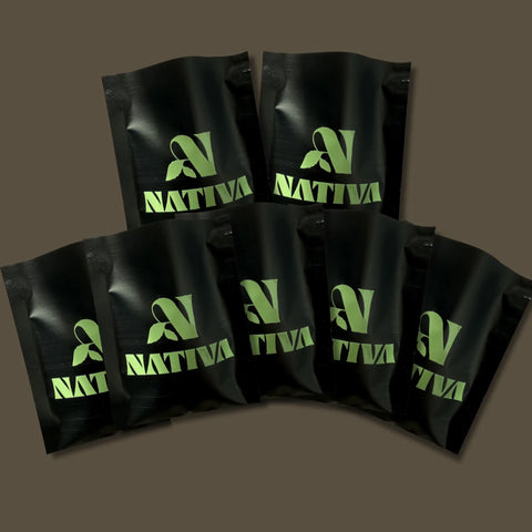 Coffee Bundle Black packages with green 'Nativa' logo on a brown background