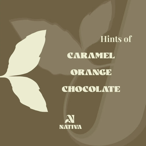 Mellow Morning Product packaging with leaves and text 'Hints of Caramel Orange Chocolate' by Nativa on a brown background.