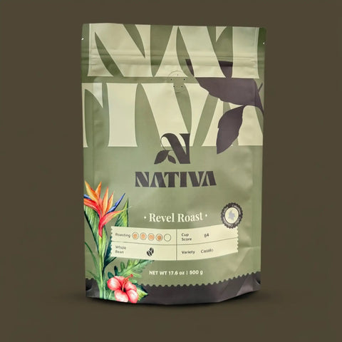 Nativa Revel Roast coffee bag with floral design on a dark background