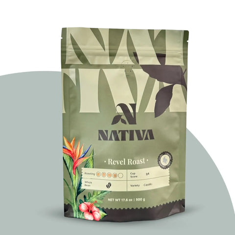 Nativa coffee Revel Roast bag with floral designs on a gray background