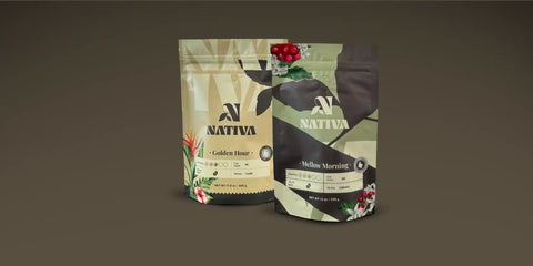 Two coffee bags 'Golden Hour' and 'Mellow Morning' from Nativa on a brown background