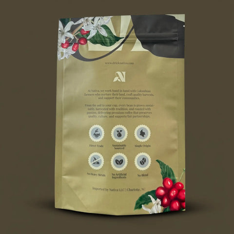 Coffee packaging with coffee beans and flowers on a brown background