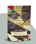 Nativa coffee package with floral and berry design on a gray background