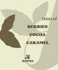 Product label with silhouette of a leaf and text 'Hints of Berries, Cocoa, Caramel' by Nativa on a beige background.