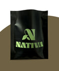 Sample Black packaging coffee with green 'Nativa' logo on a brown background